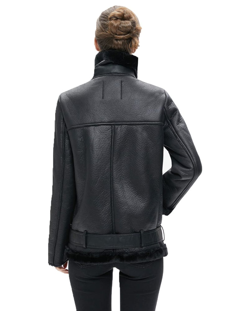 LY VAREY LIN Women's Faux Shearing Leather Jacket Warm Thickness Moto Coat Winter Shearling Coat Lined Parka (XL Black) - Image 5